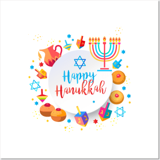 Jewish Holiday Hanukkah Party Decoration with traditional Chanukah symbols - wooden dreidels (spinning top), lettering, donuts, hanukkiah menorah candles, oil jar, star of David Posters and Art